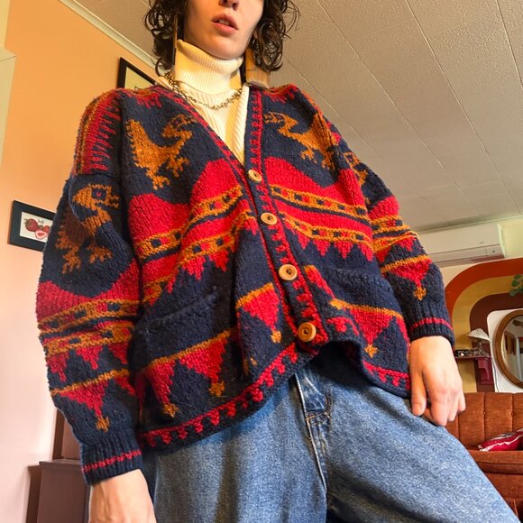vintage Sweaters - 70s 80s 100% pure wool knitted red and blue cardigan - Toshy Made In Bolivia!